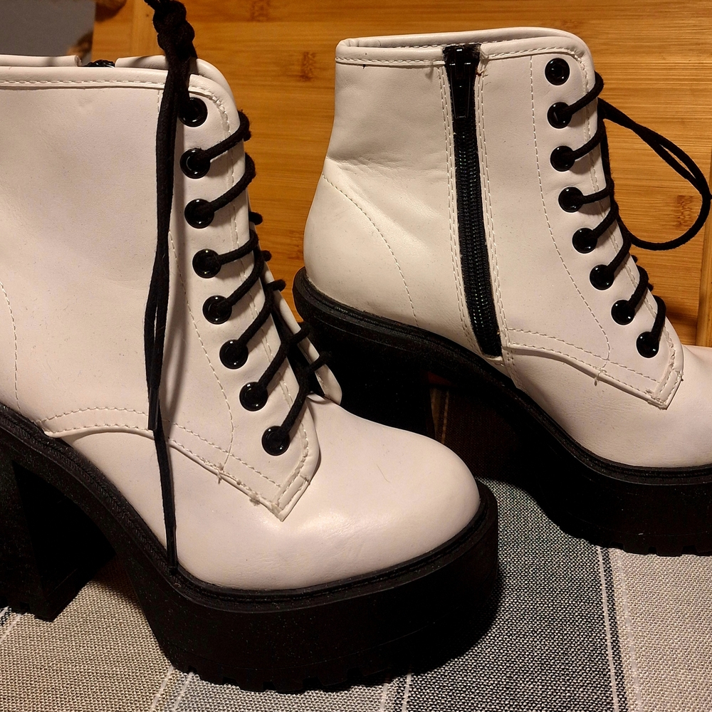 Soda White and Black Lace Up Boots with Platform Sole